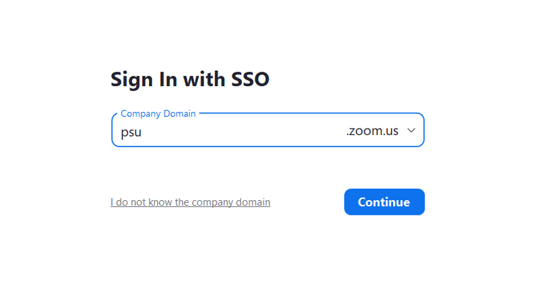 The Zoom "Sign In" dialog box with "psu" typed in the "Company Domain" text box