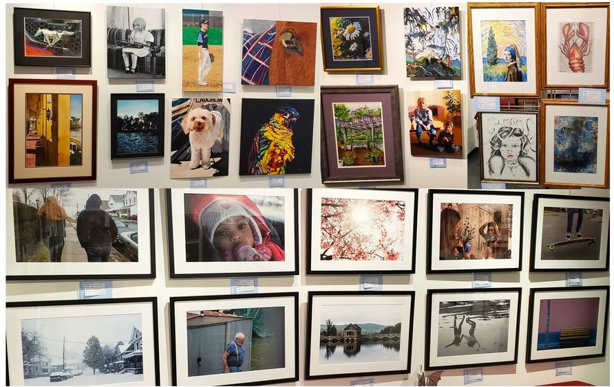 A collage of photographs from an art exhibit