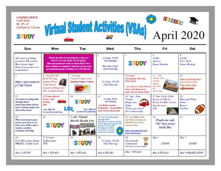 April Virtual Student Activities calendar