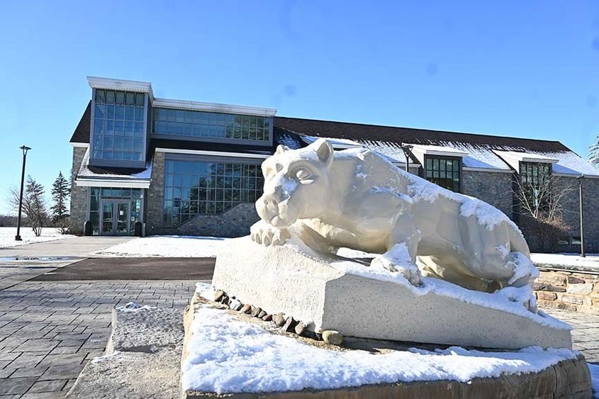 The Nittany Lion shrine at Penn State Wilkes-Barre surrounded by snow