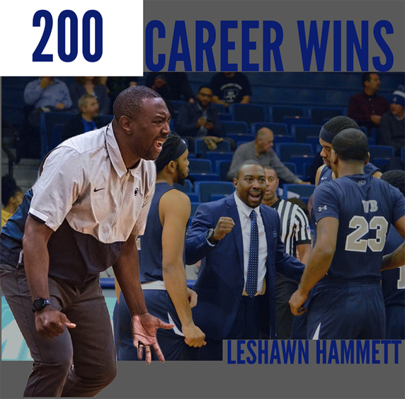 A man at a basketball game with the text "200 career wins" at the top and "LeShawn Hammett" at the bottom.