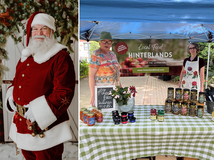 A combined image of the business owners who received help through the Idea TestLab. A man posing as Santa Claus at left, and two women at their stand at right.