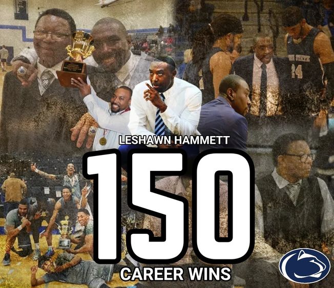 A collection of images honoring Coach Leshawn Hammett's 150th win