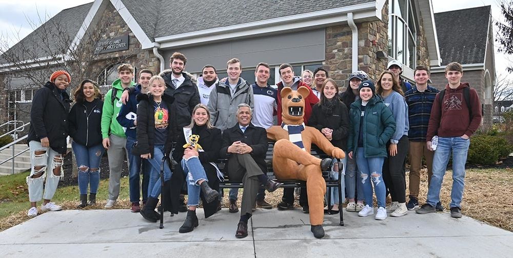Students and Dr. Jones at the Nittany Lion bench reveal.