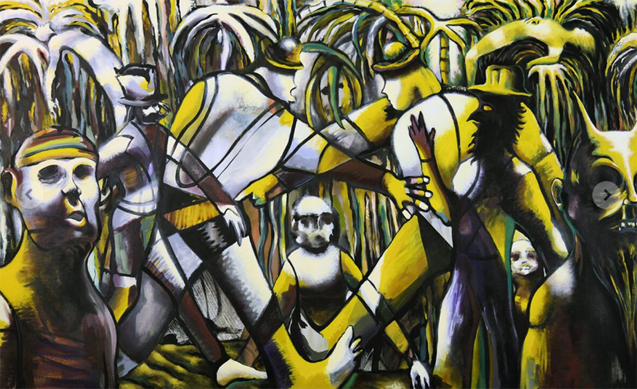 A painting with figures depicted in shades of yellow, green and white.