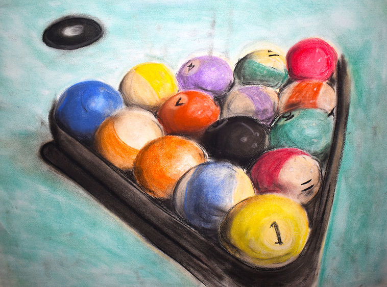 A painting of billiard balls in a rack.