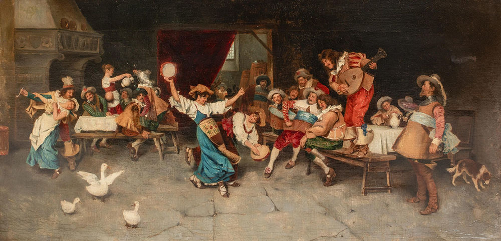 A painting of a dancing party in a 19th-century tavern.