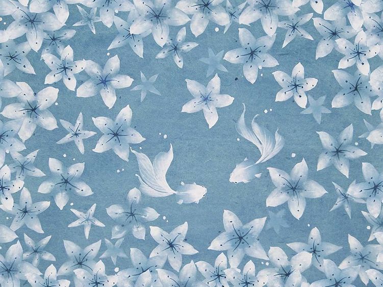 A painting of blue flowers on a blue background